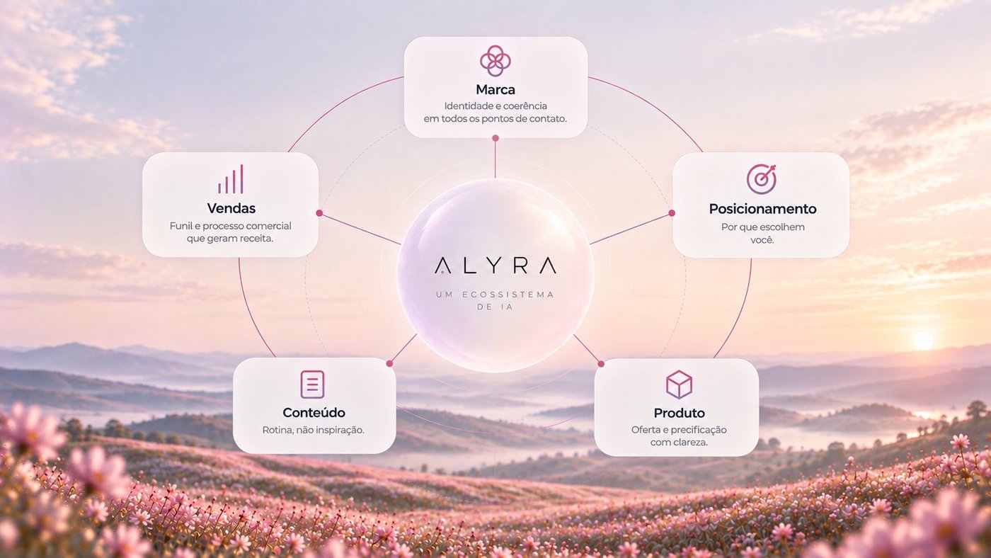 Diagrama do ecossistema ALYRA: marca, posicionamento, produto, conteúdo e vendas conectados
